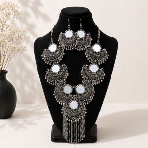 Oxidised mirror necklace set with matching earrings for women