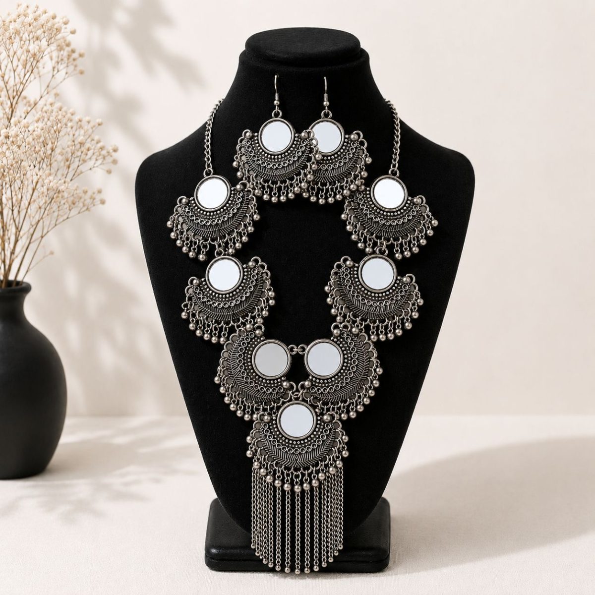 Oxidised mirror necklace set with matching earrings for women