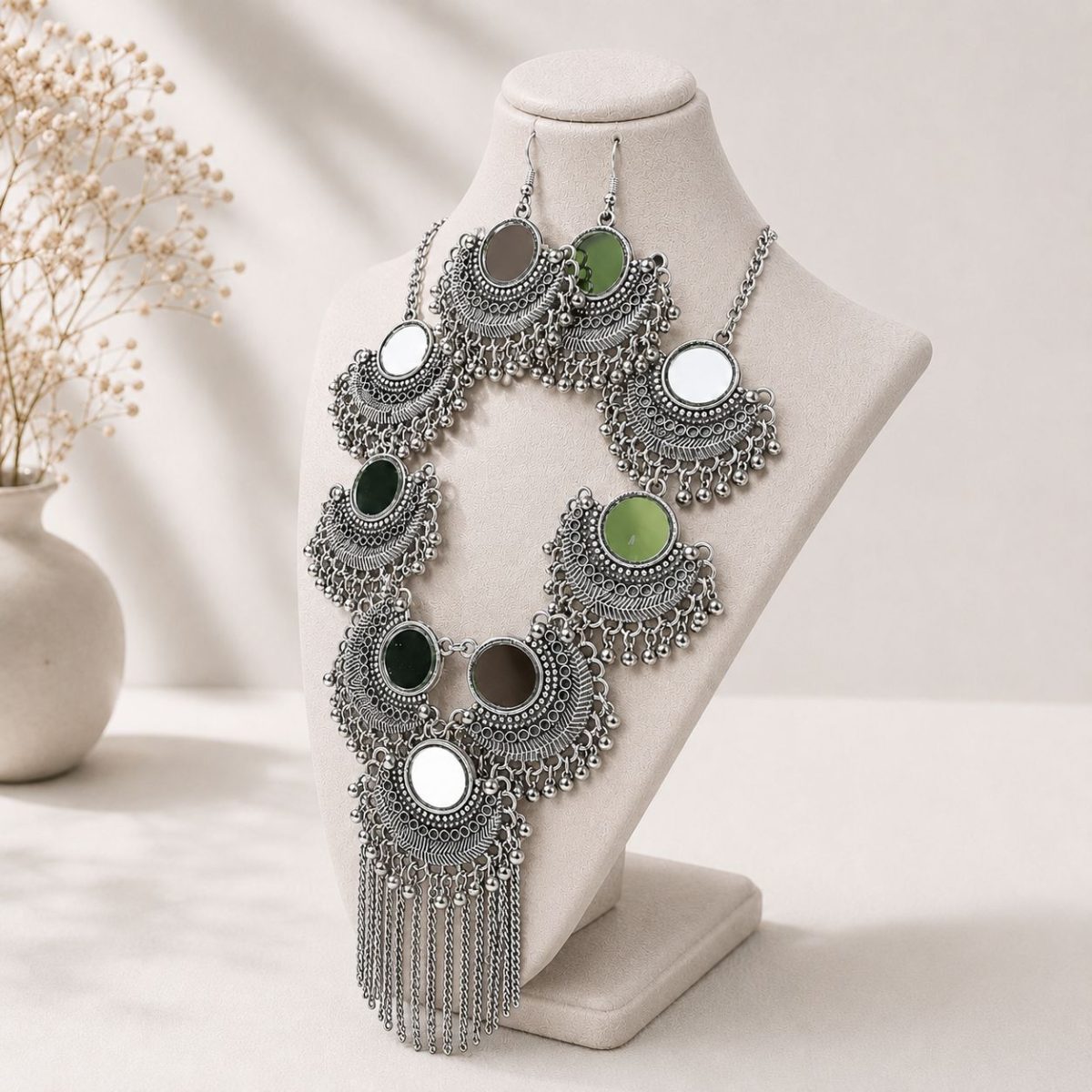 mirror necklace set on white stand side view