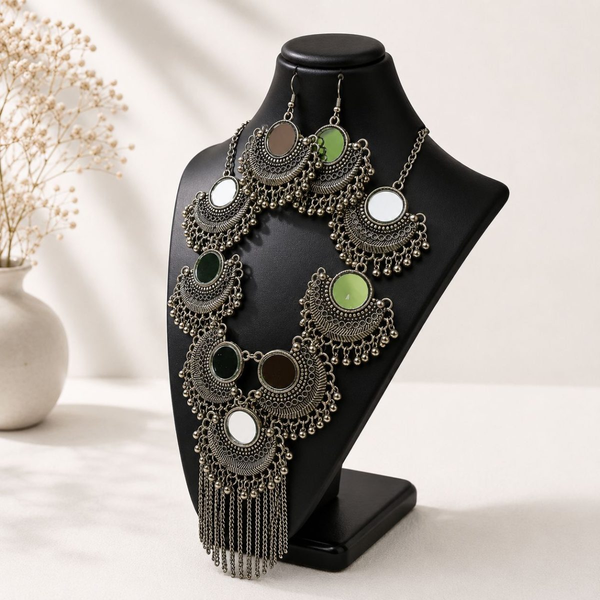 Antique oxidised mirror necklace set for women with statement earrings