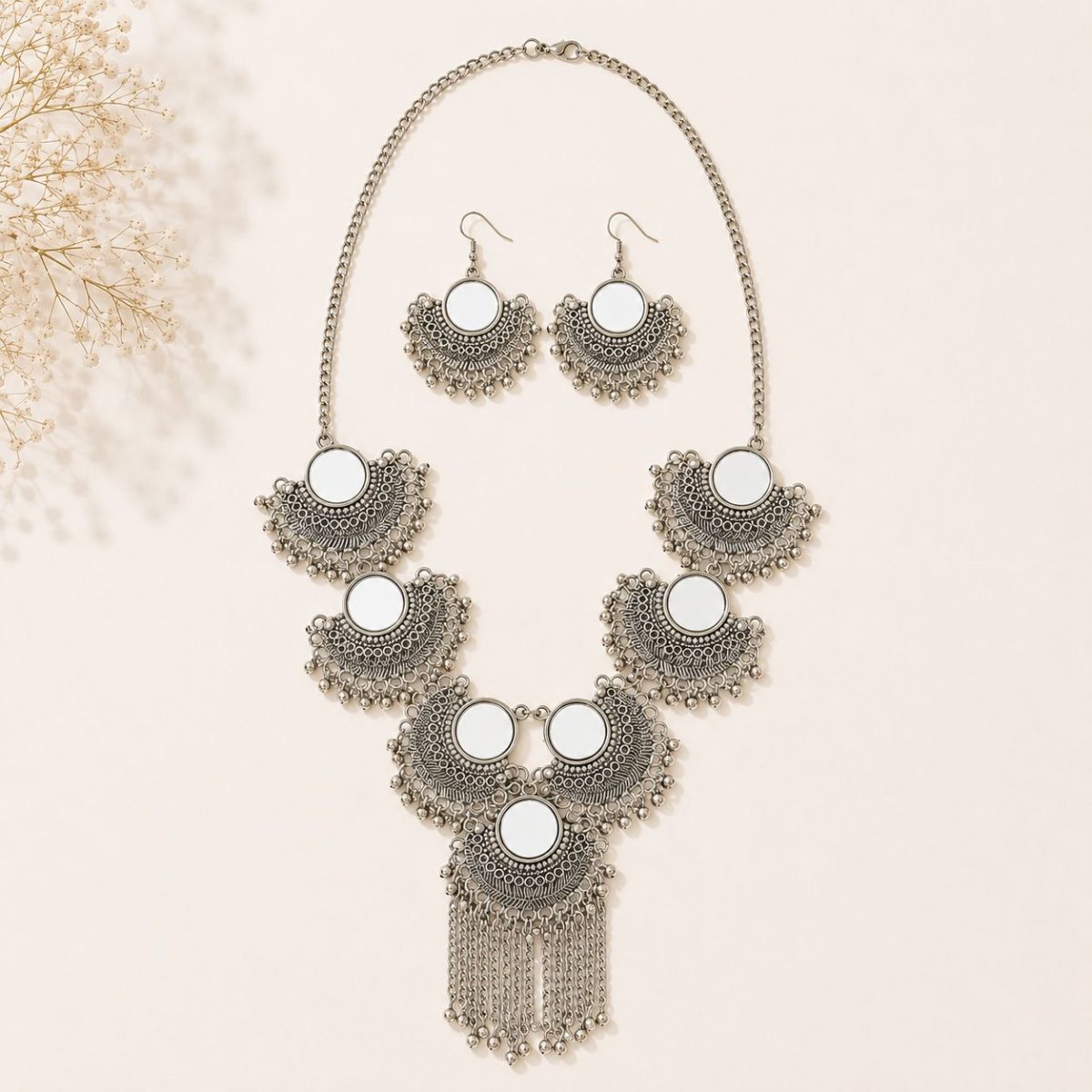 Oxidised mirror statement necklace set with tassel detailing and matching earrings for women