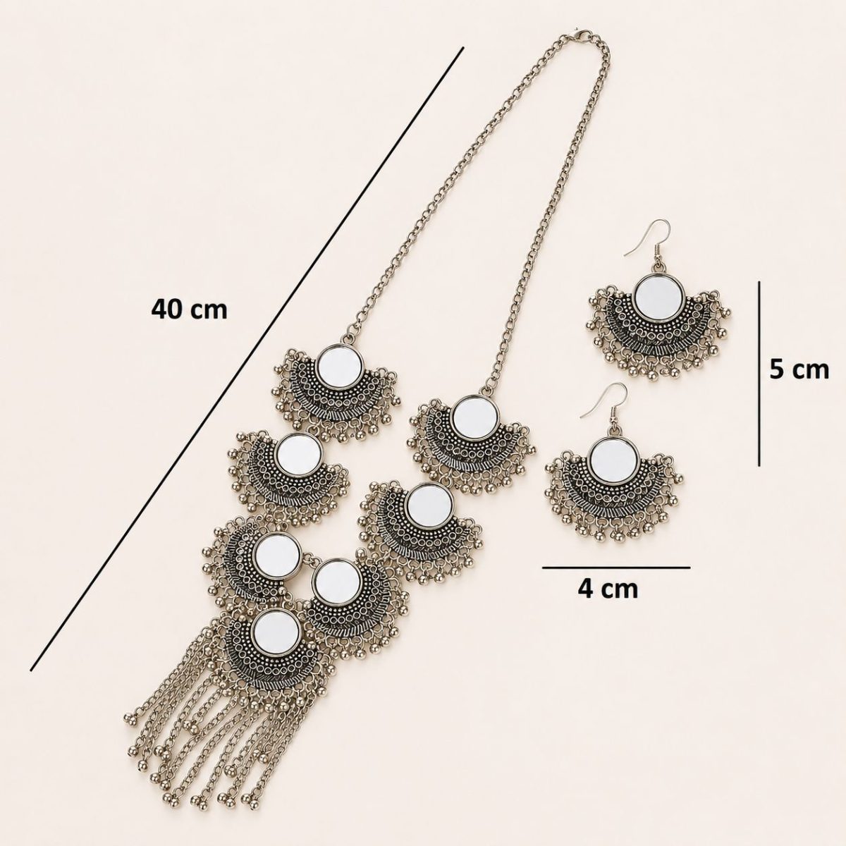 Oxidised mirror necklace set with earrings size and dimensions