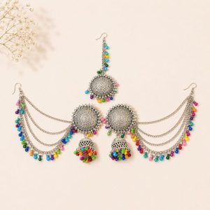 Traditional oxidised ear chain jewellery set with colorful bead accents