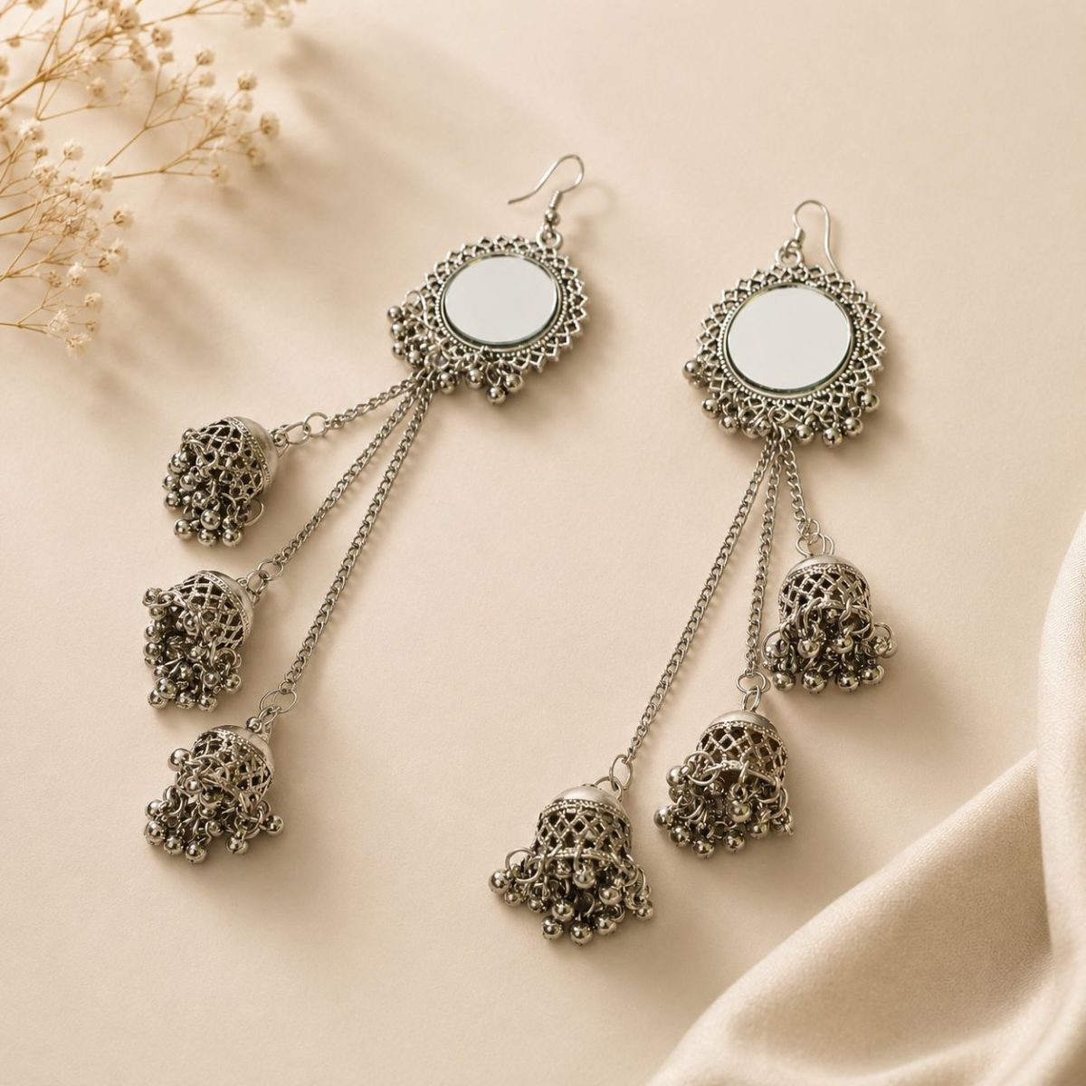 Oxidised mirror jhumka earrings with chain tassels for women