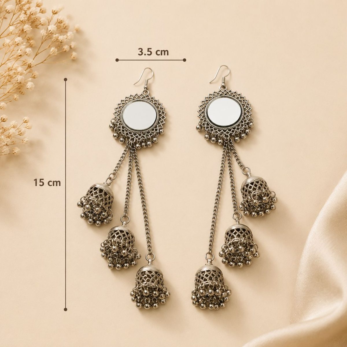 Oxidised mirror jhumka earrings dimensions and size details