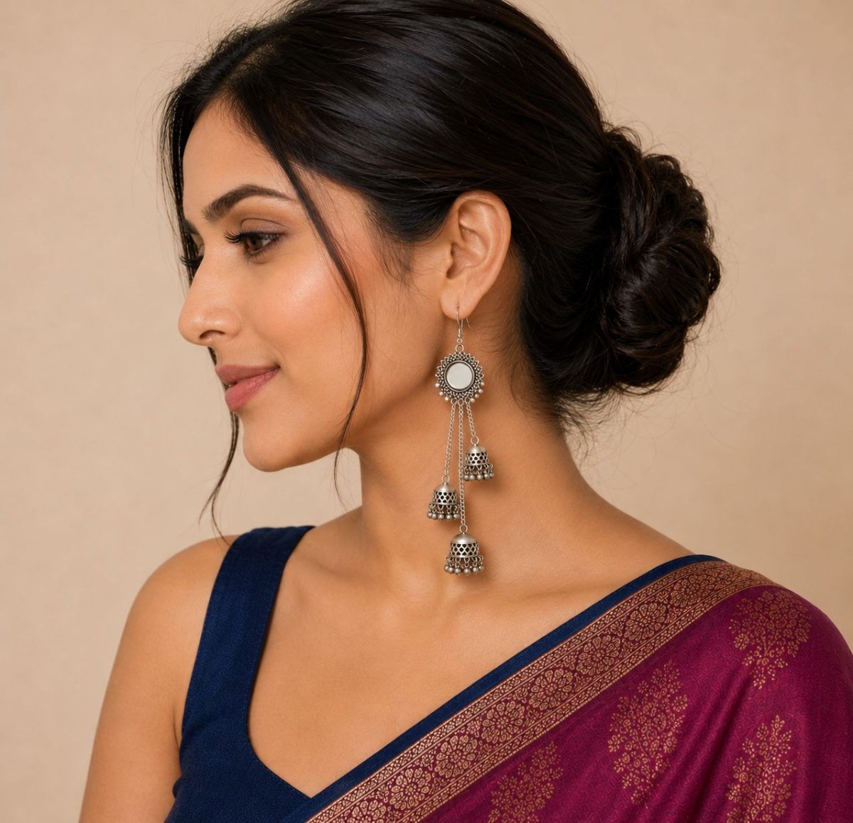 Oxidised silver mirror jhumka earrings for women